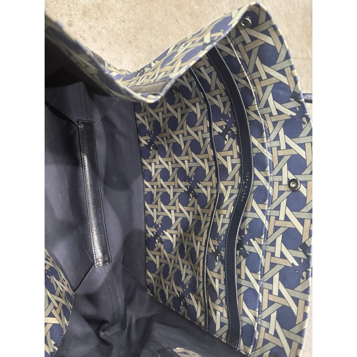 Tory Burch  Basketweave Canvas/ Leather Handles Tote Bag Navy