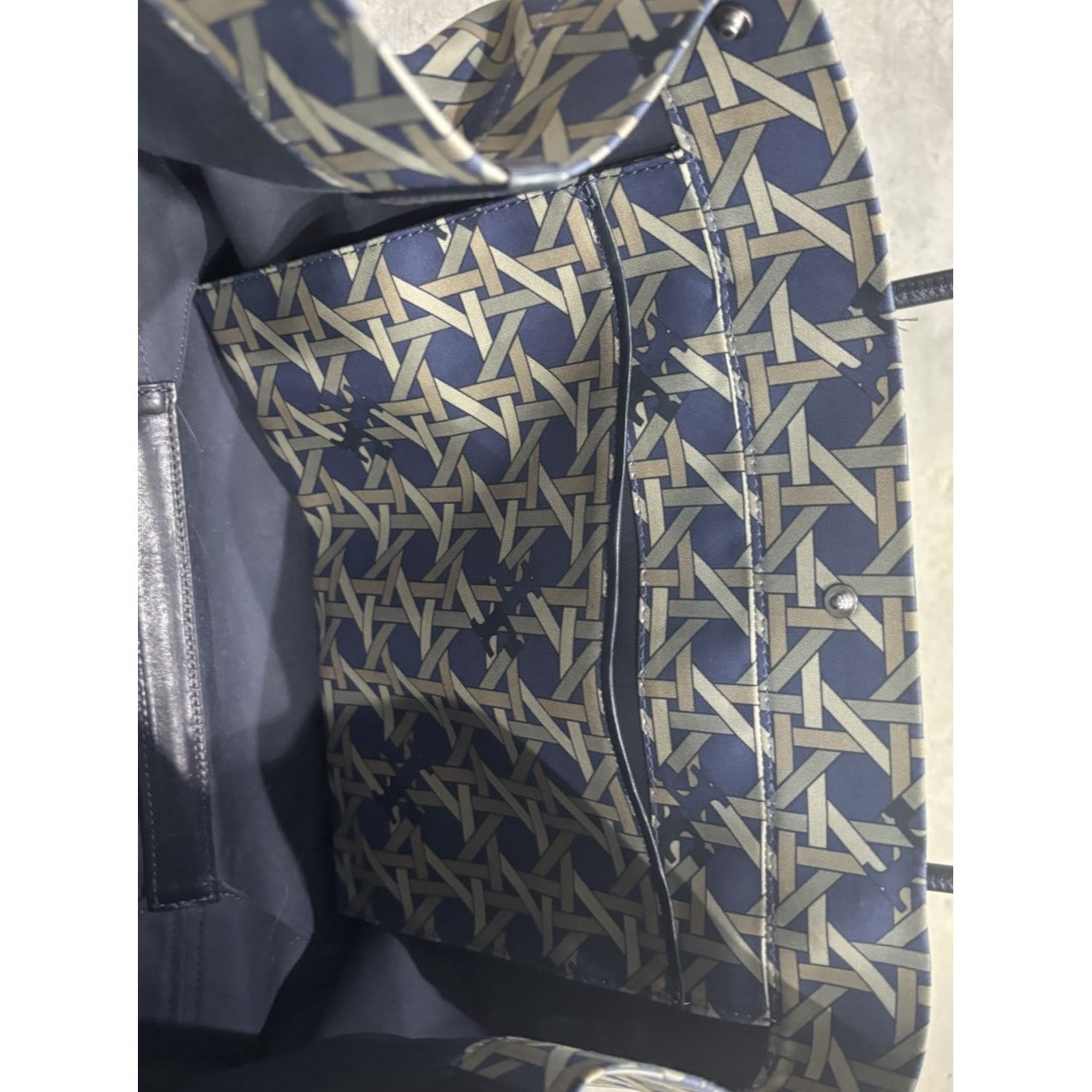 Tory Burch  Basketweave Canvas/ Leather Handles Tote Bag Navy