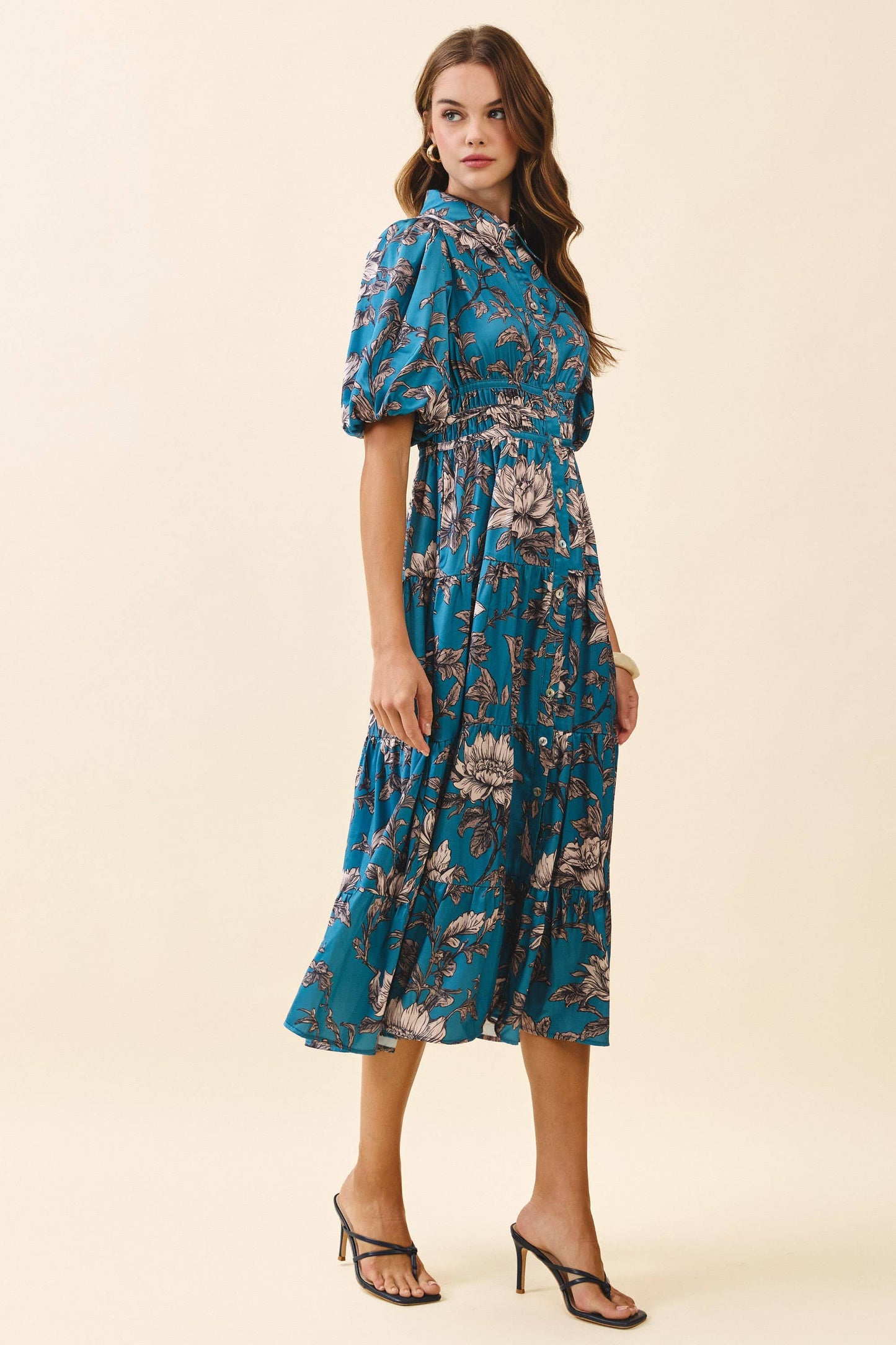 CD06279-Floral Print Collared Neck Button Front Dress