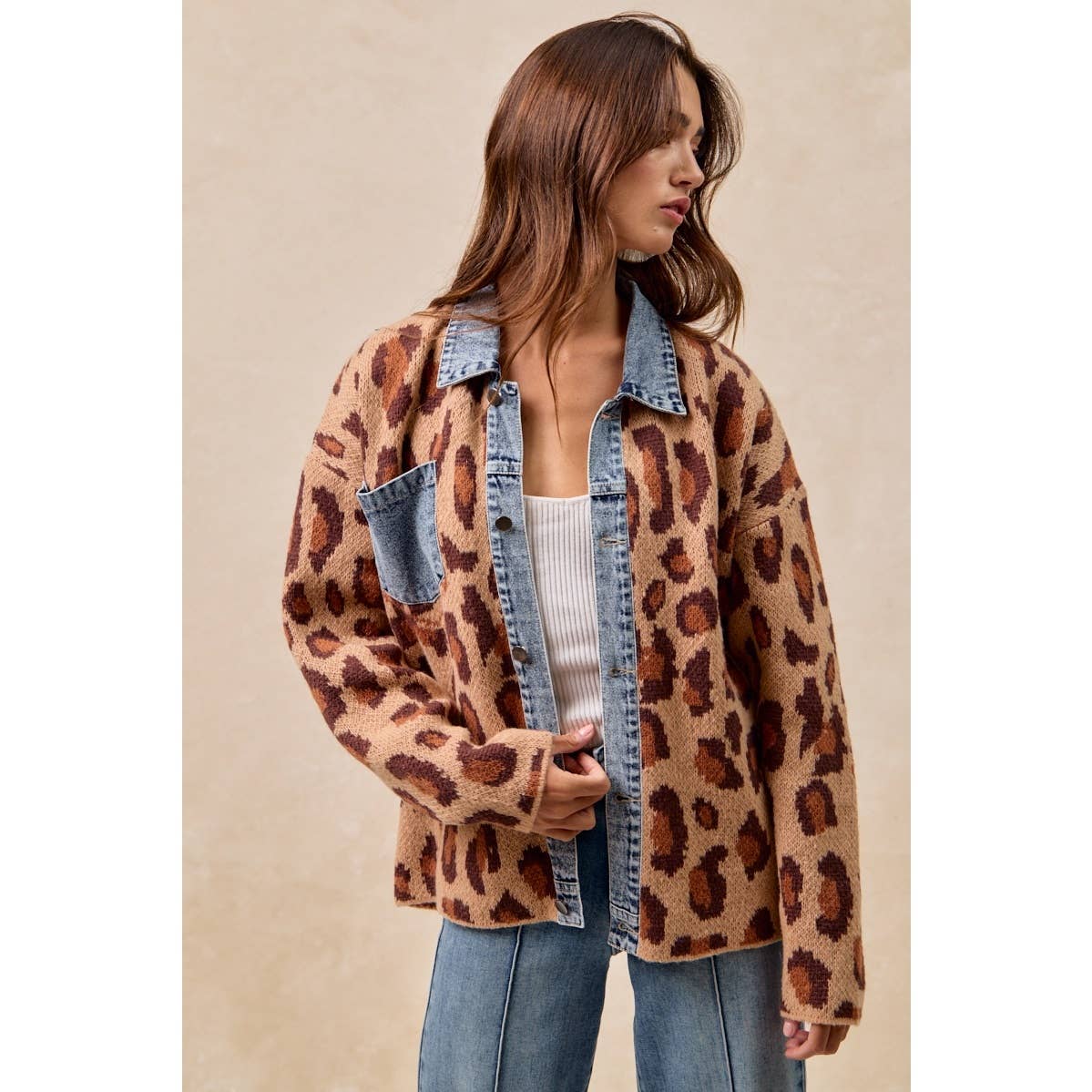 WASHED DENIM MIX AND MATCH LEOPARD SWEATER TOP