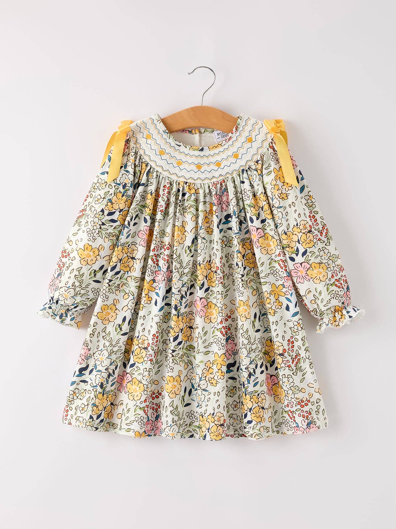 Fall  Embroidery Smocking Bow Floral Leaf Baby Girls Dress
