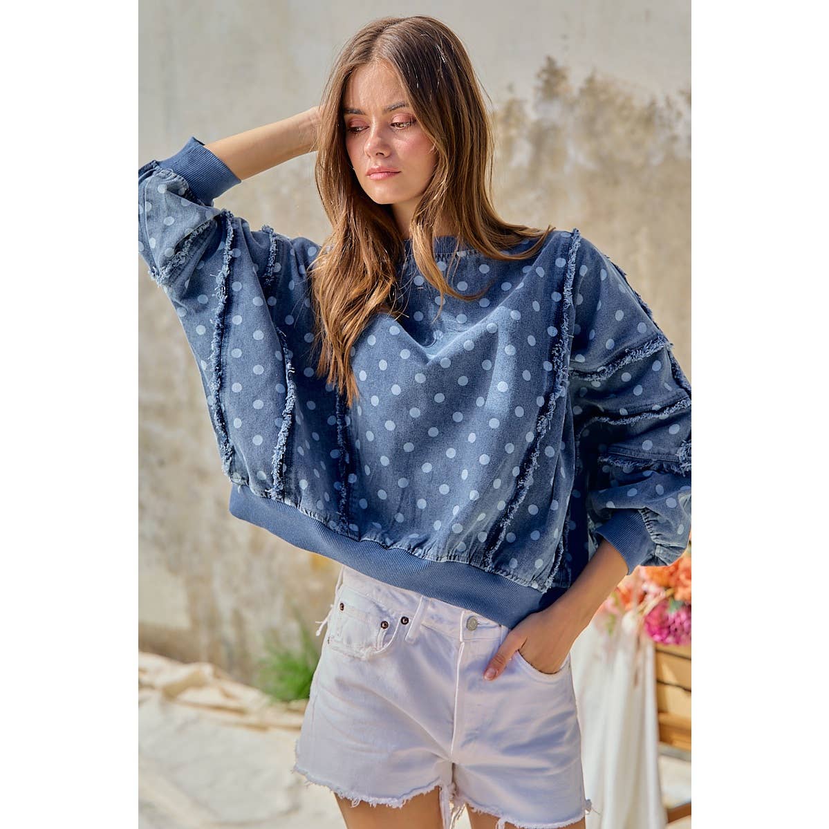 POLKA DOT PRINTED WASHED DENIM FRAYED EDGE DETAIL TOP