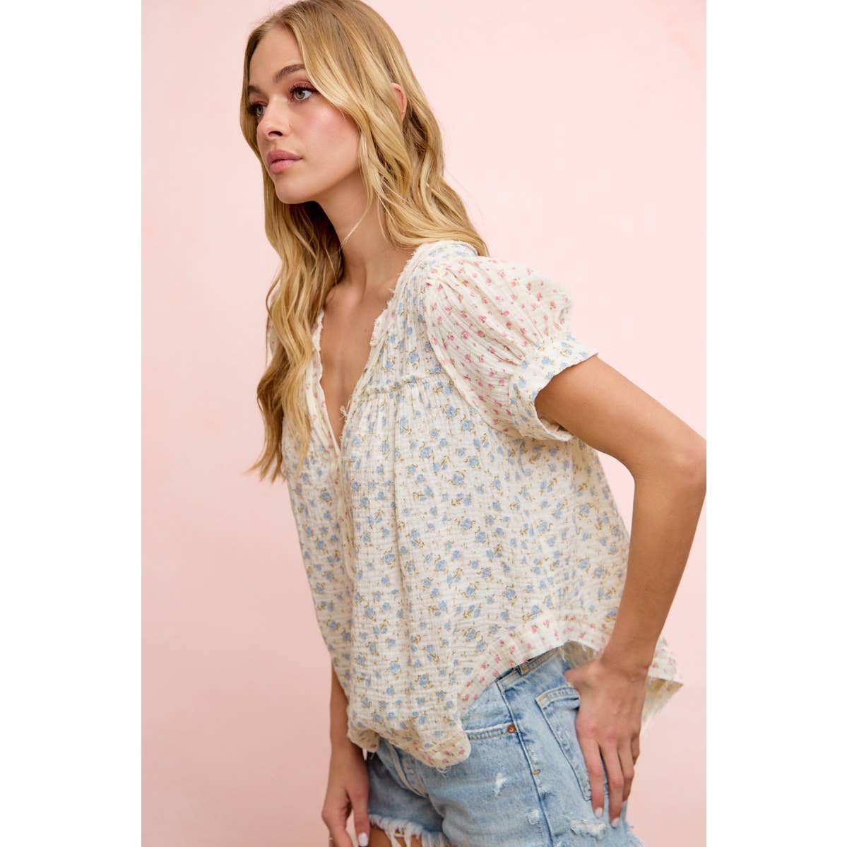 BiBI FLORAL CRINKLE NECKDROP SHORT SLEEVE BLOUSE TOP