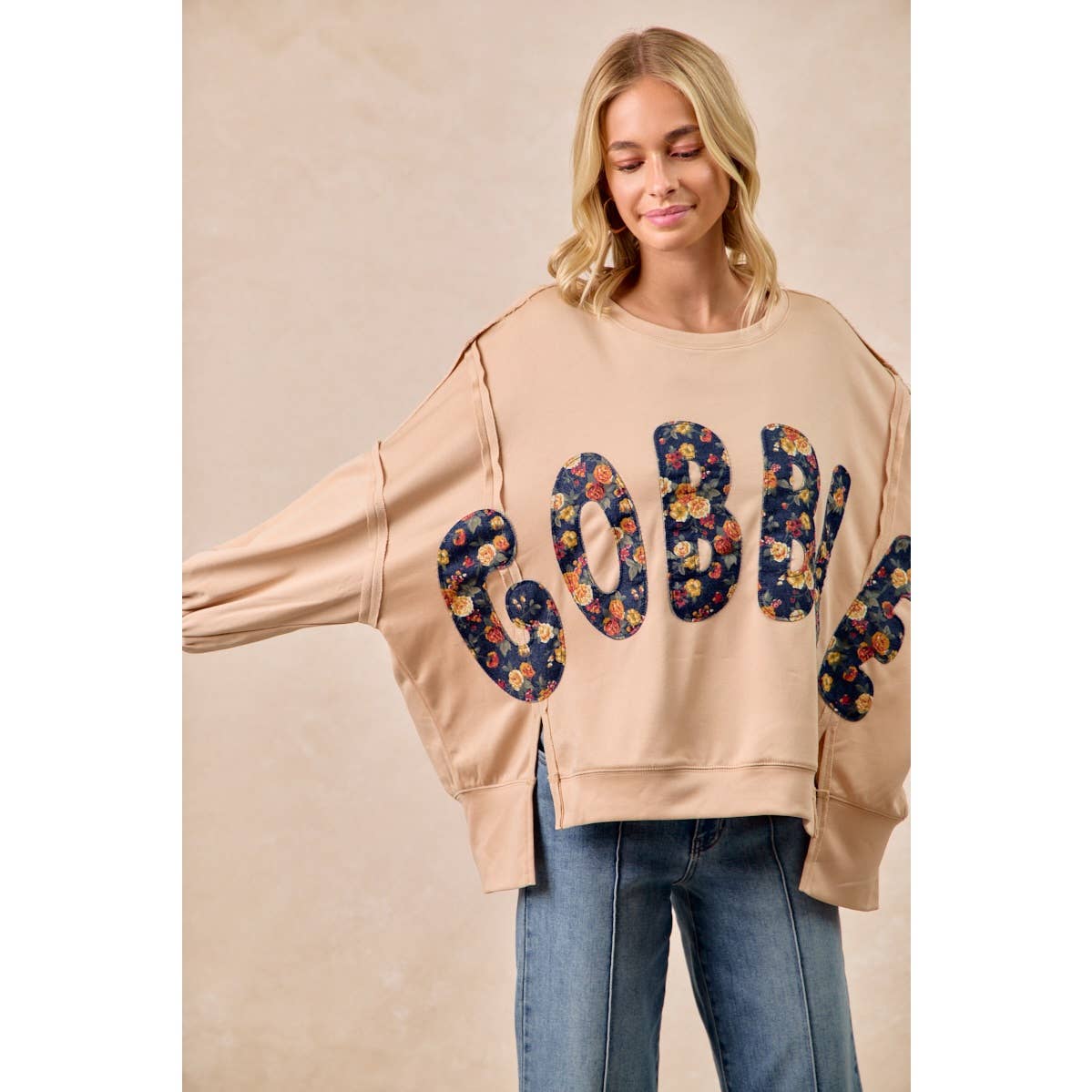 THANKSGIVING GOBBLE LETTER PATCHES SWEATSHIRT