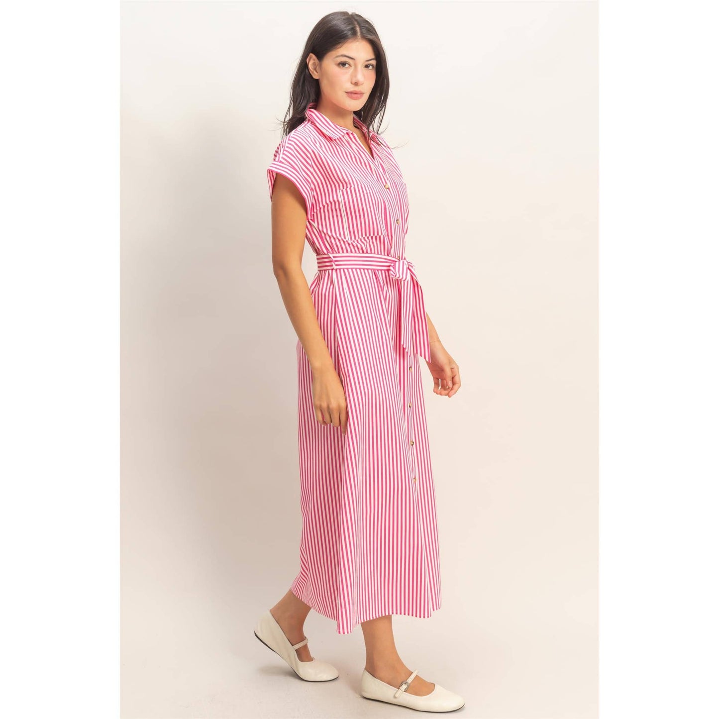 Double Zero Striped Poplin Belted Shirt Dress With Pockets Pink