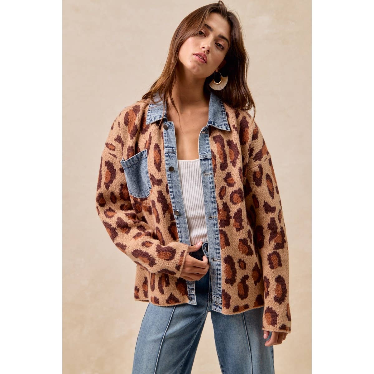 WASHED DENIM MIX AND MATCH LEOPARD SWEATER TOP