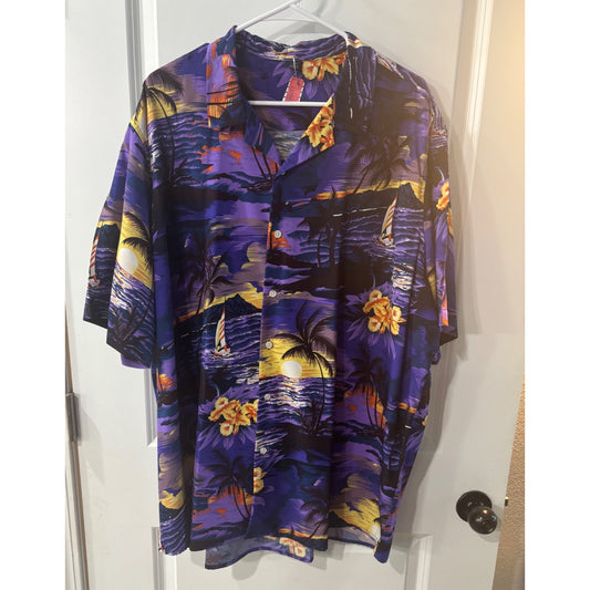 Hawaiian Style Button-Up Shirt With Colorful Tropical Print Short Sleeves Size Large Made In Italy