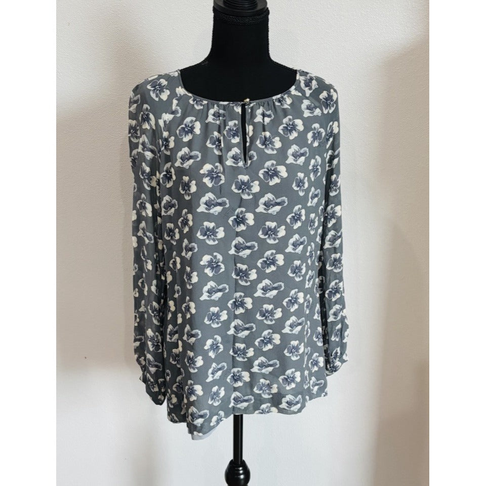 Tory Burch Gray Floral Silk Long Sleeve Blouse Size 10