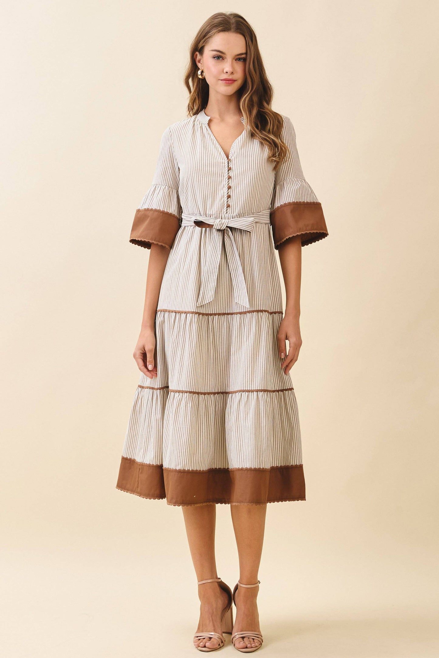 CD06192-Striped Split Neck Contrast Trim Detail Midi Dress