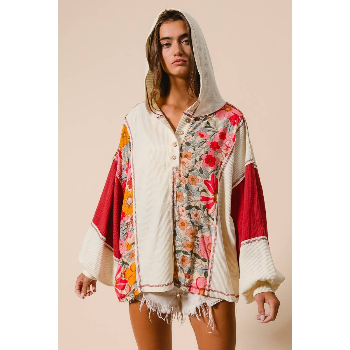 KNIT AND PRINT MIXED HOODIE TOP