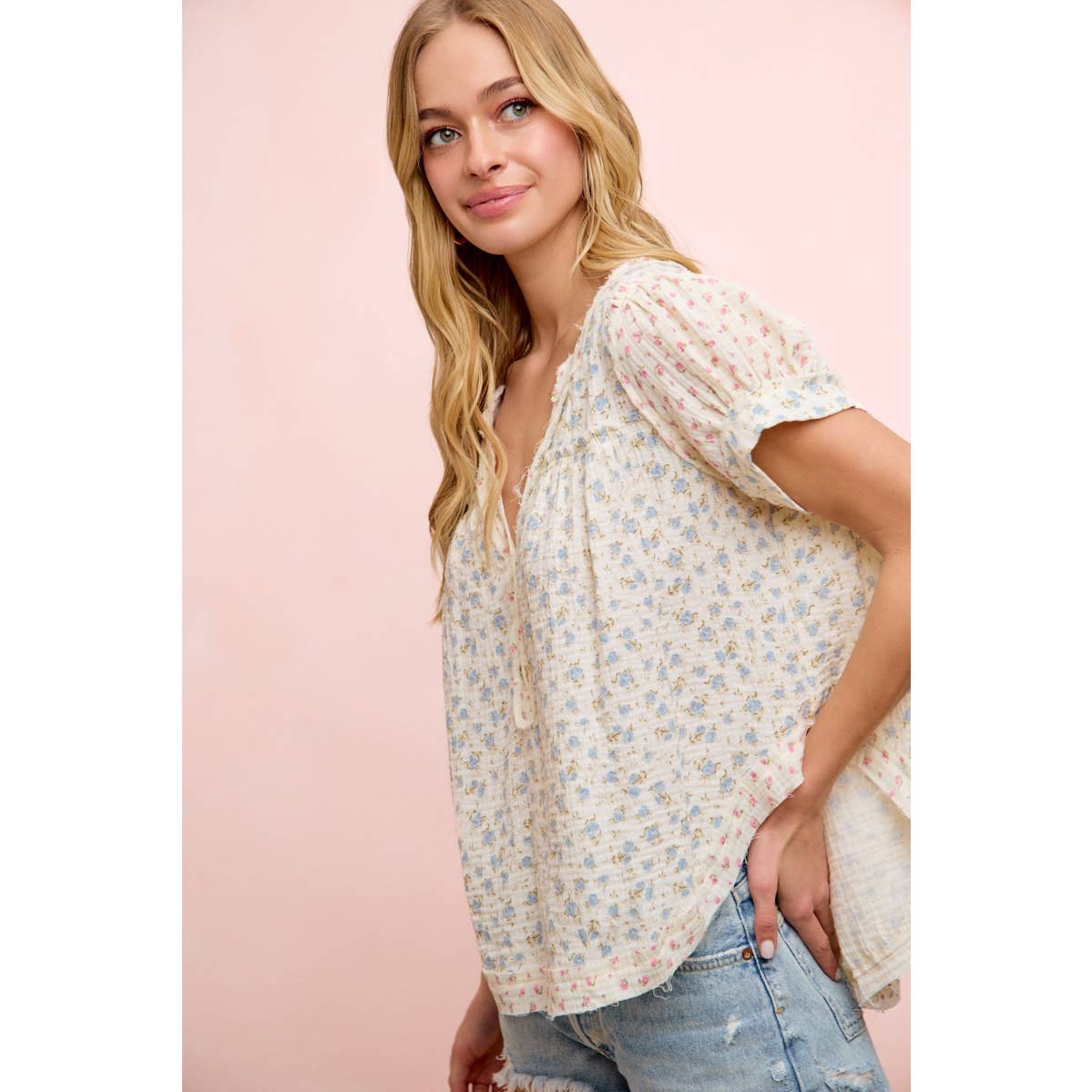 BiBI FLORAL CRINKLE NECKDROP SHORT SLEEVE BLOUSE TOP