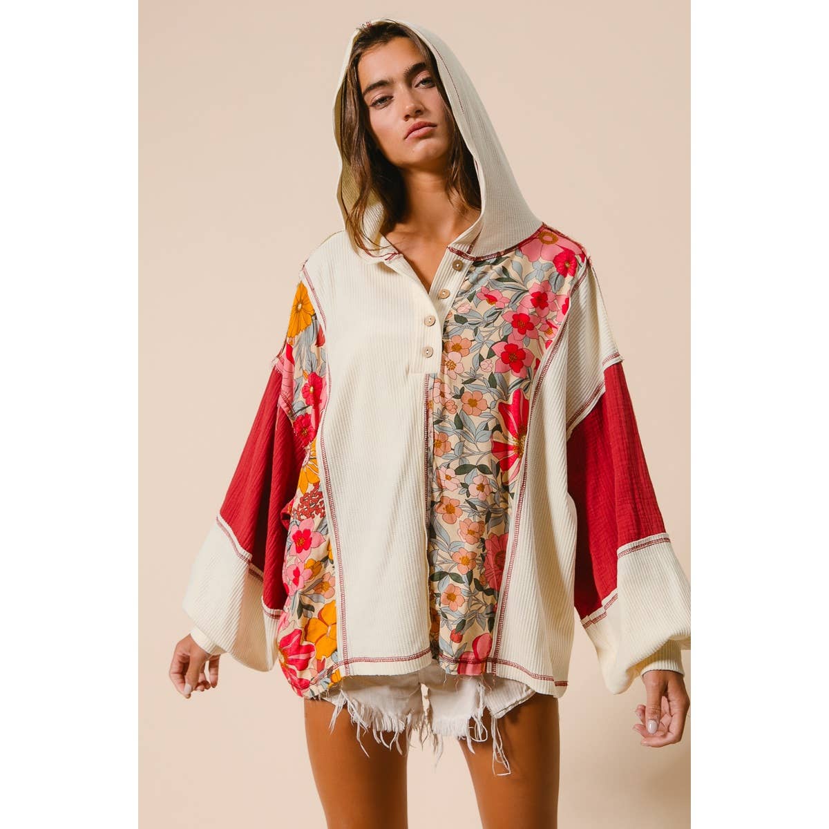 KNIT AND PRINT MIXED HOODIE TOP