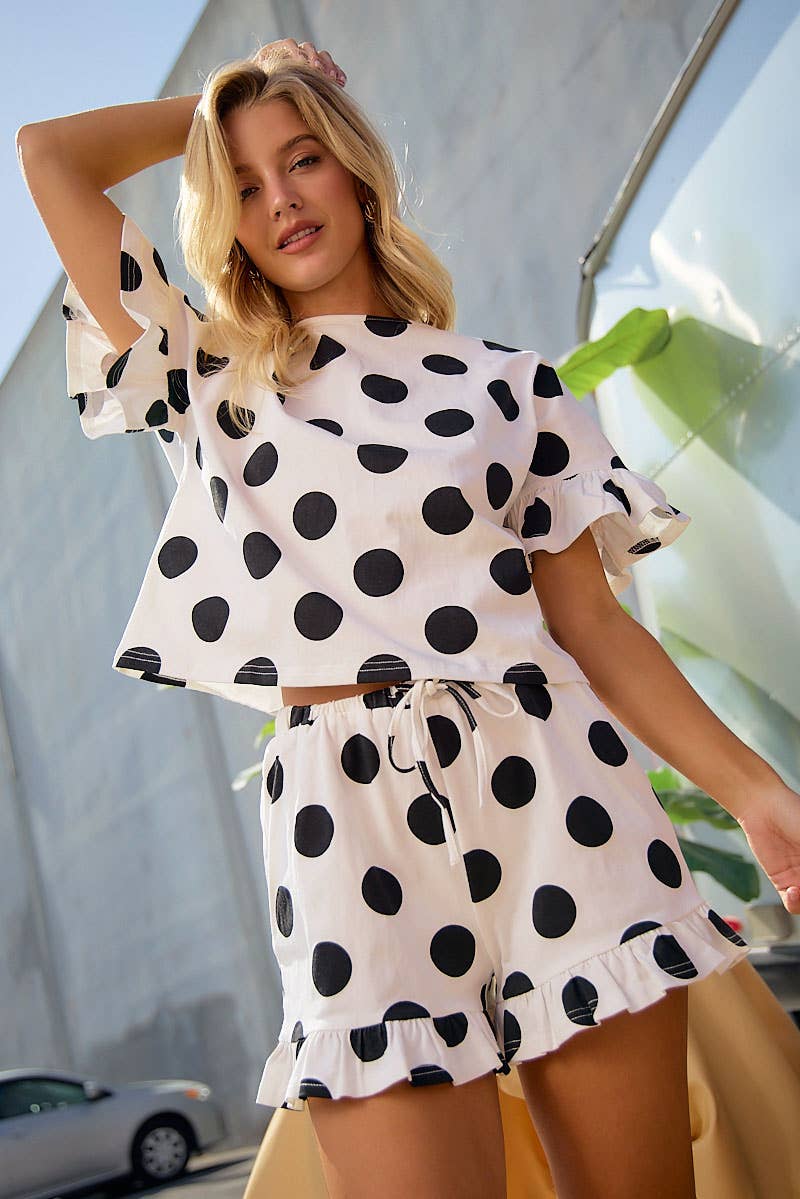 BiBi POLKA DOTS PRINTED RUFFLED DETAIL TOP AND SHORTS SET