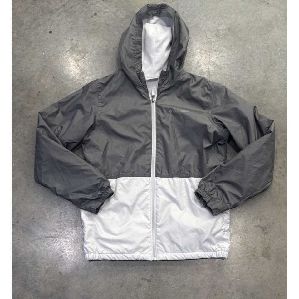 Columbia Youth Large 14/16 Hooded Windbreaker Jacket White And Gray