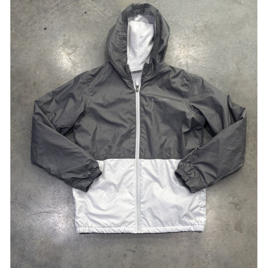 Columbia Youth Large 14/16 Hooded Windbreaker Jacket White And Gray