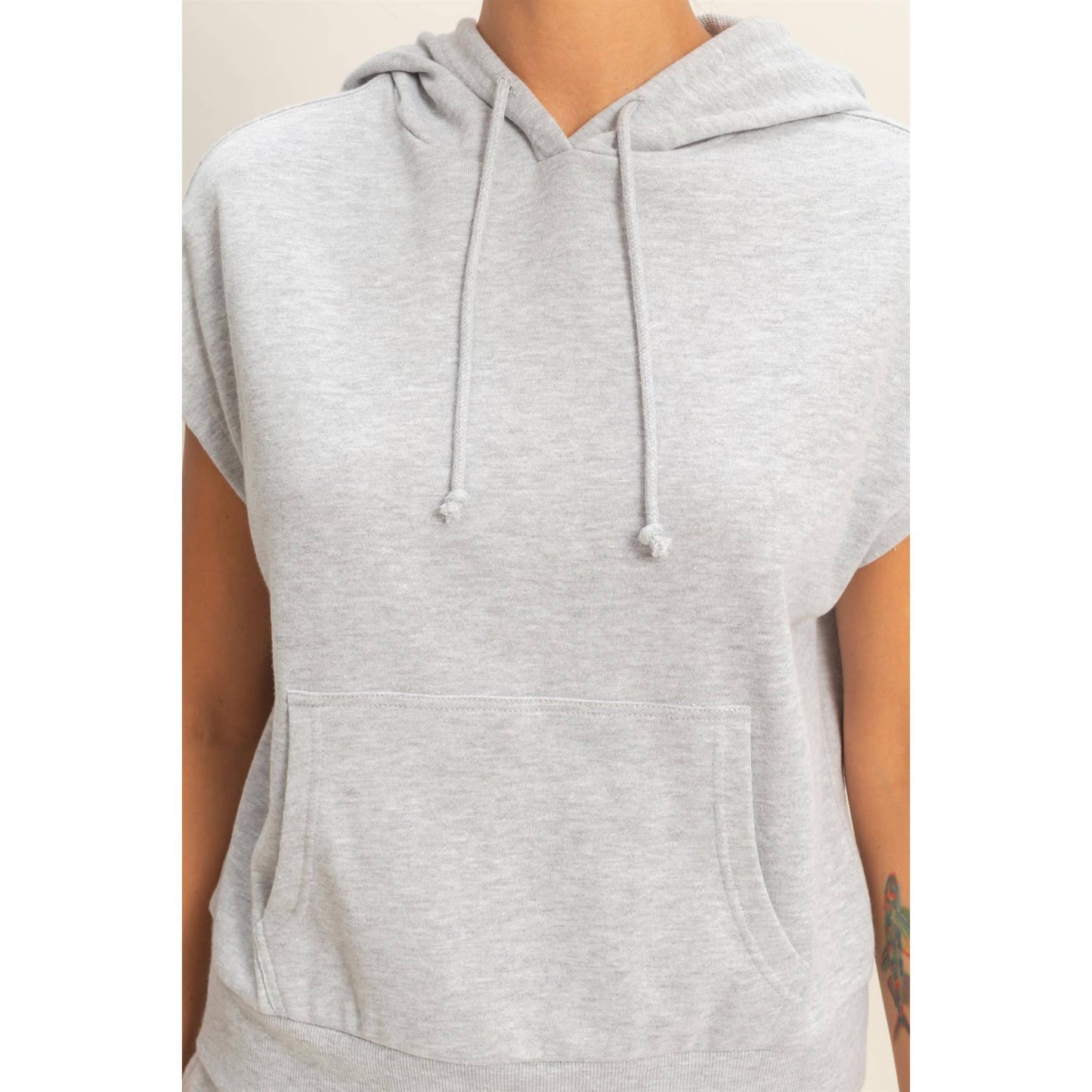 Acid Washed Sleeveless Hooded Kangaroo Pocket Top