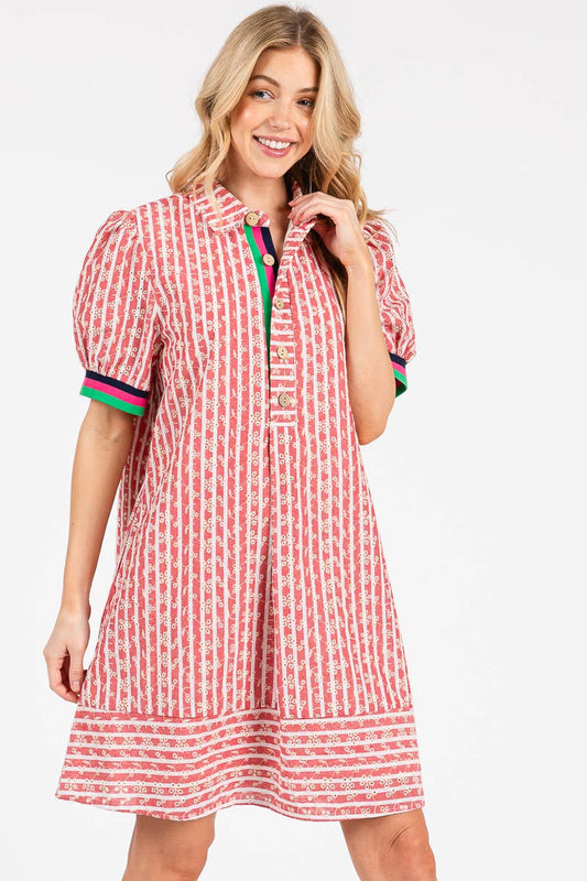 STRIPED FLORAL COLLARED PUFF SLEEVE DRESS