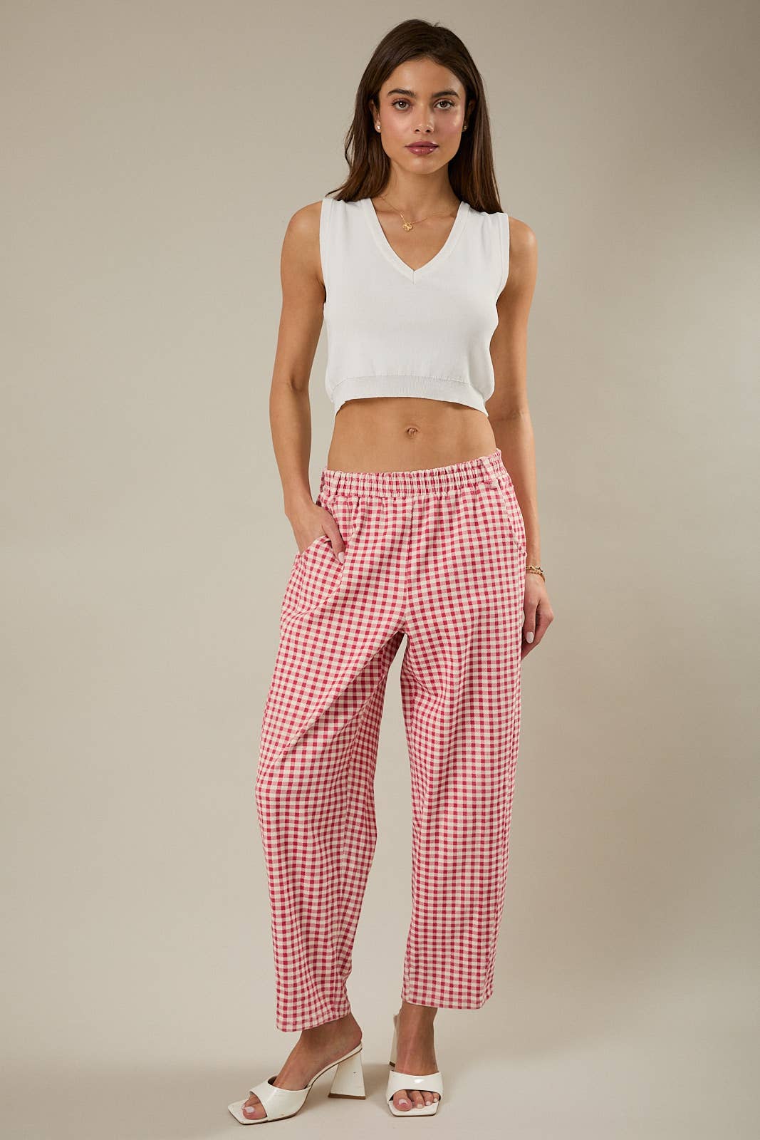 ELASTIC WAIST BAND GINGHAM PRINTED BARREL FIT TWILL PANTS