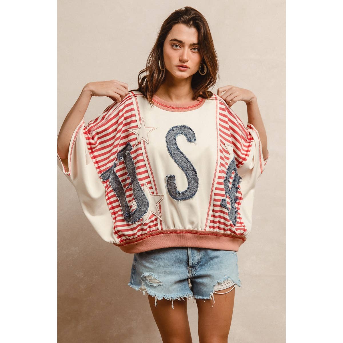 WASHED DENIM USA PATCHWORK STRIPES MIX TOP