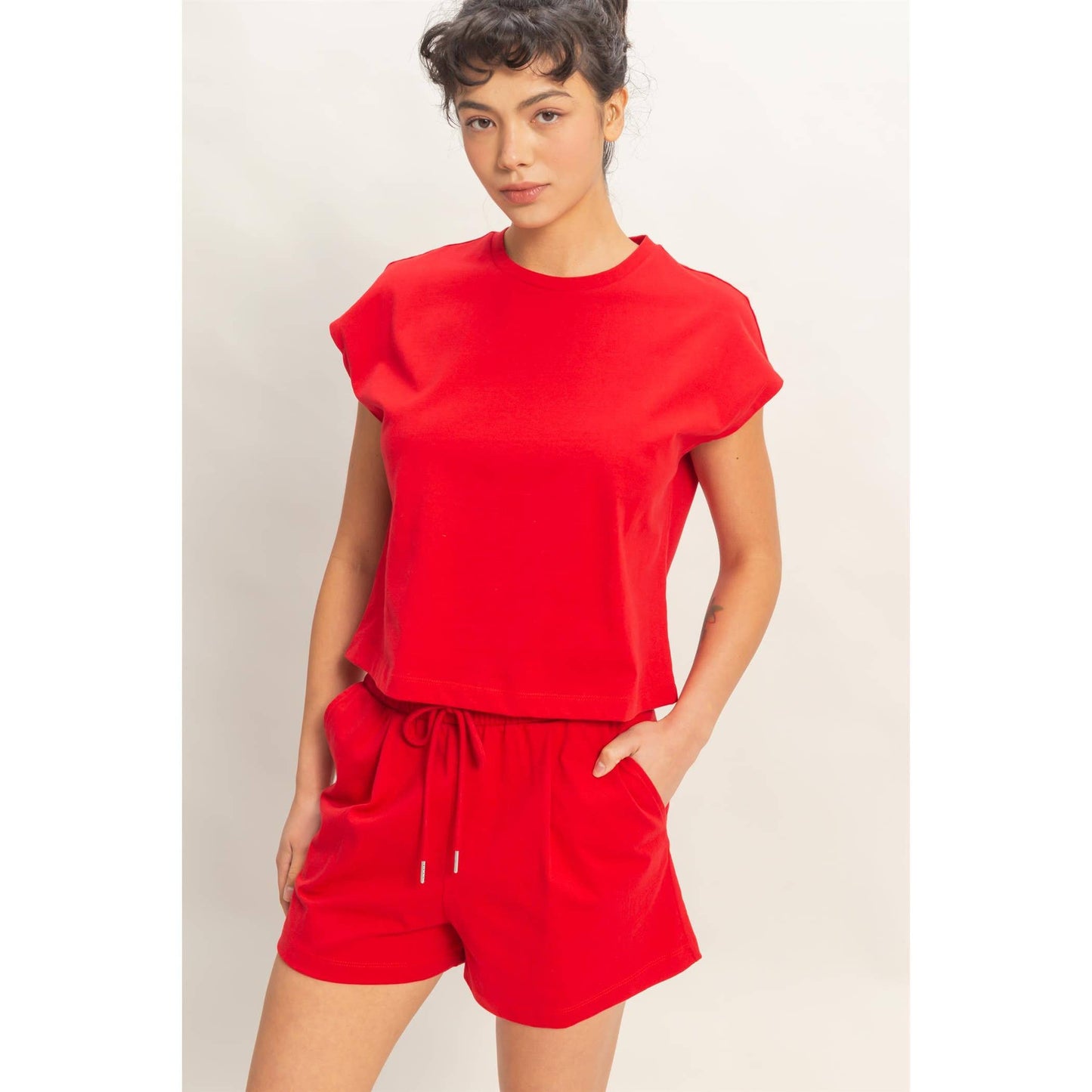 Double Zero Cap Sleeve Boxy Top And Shorts Set Red