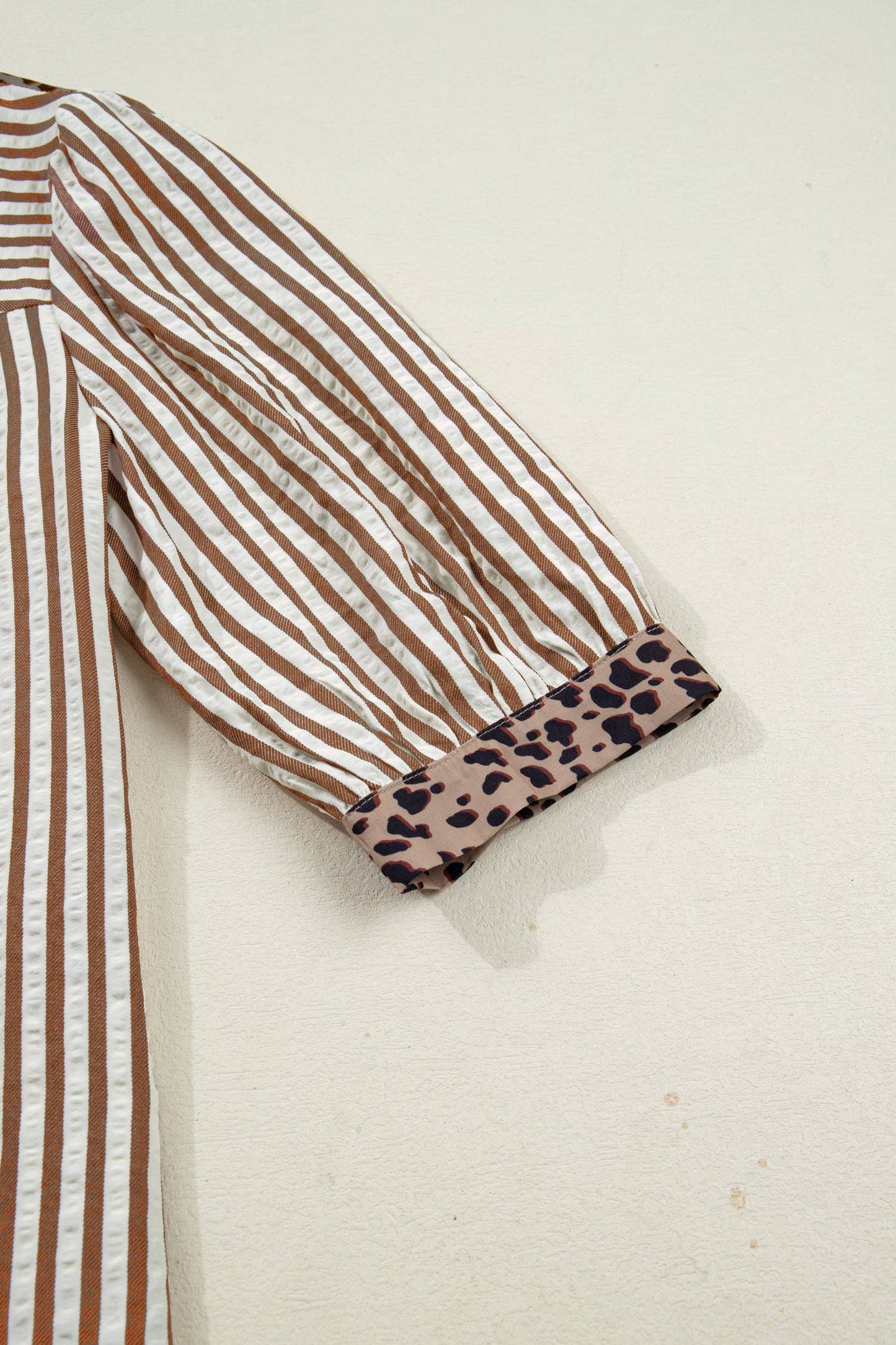 Leopard Trim Button Down Stripe Half Sleeve Shirt (S-XL)