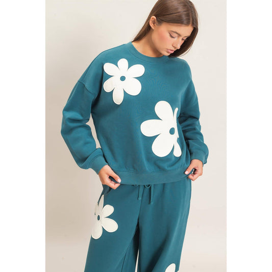 Double Zero Floral Applique Crew Neck Sweatshirt
