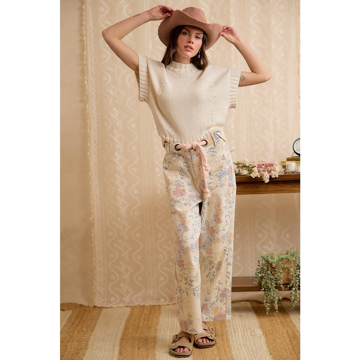WOMEN VINTAGE WASHED FLORAL COTTON DRAWSTRING PANTS
