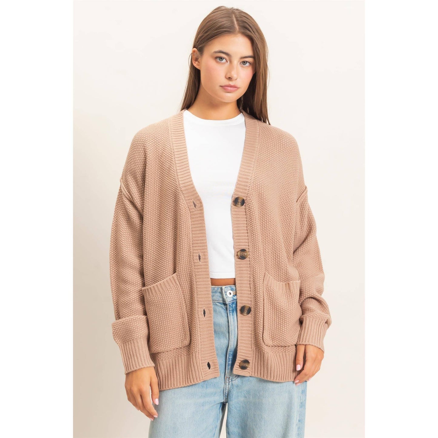 Textured Oversized Knit Buttoned Cardigan