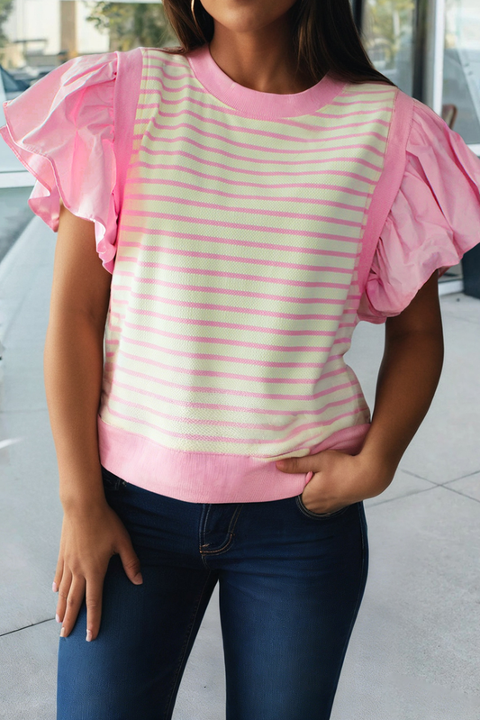 Stripe Ruffled Short Sleeve Patchwork Blouse