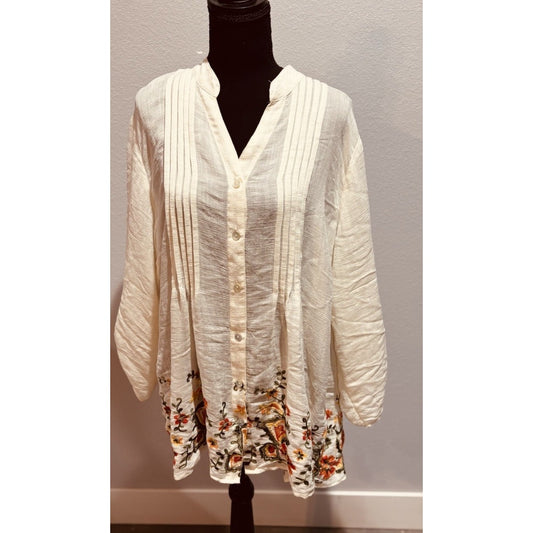 Ruby Rd 3/4 Sleeve Cream Blouse With Floral Embroidery Size 2X