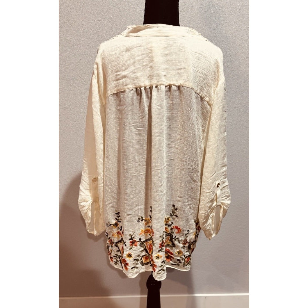 Ruby Rd 3/4 Sleeve Cream Blouse With Floral Embroidery Size 2X