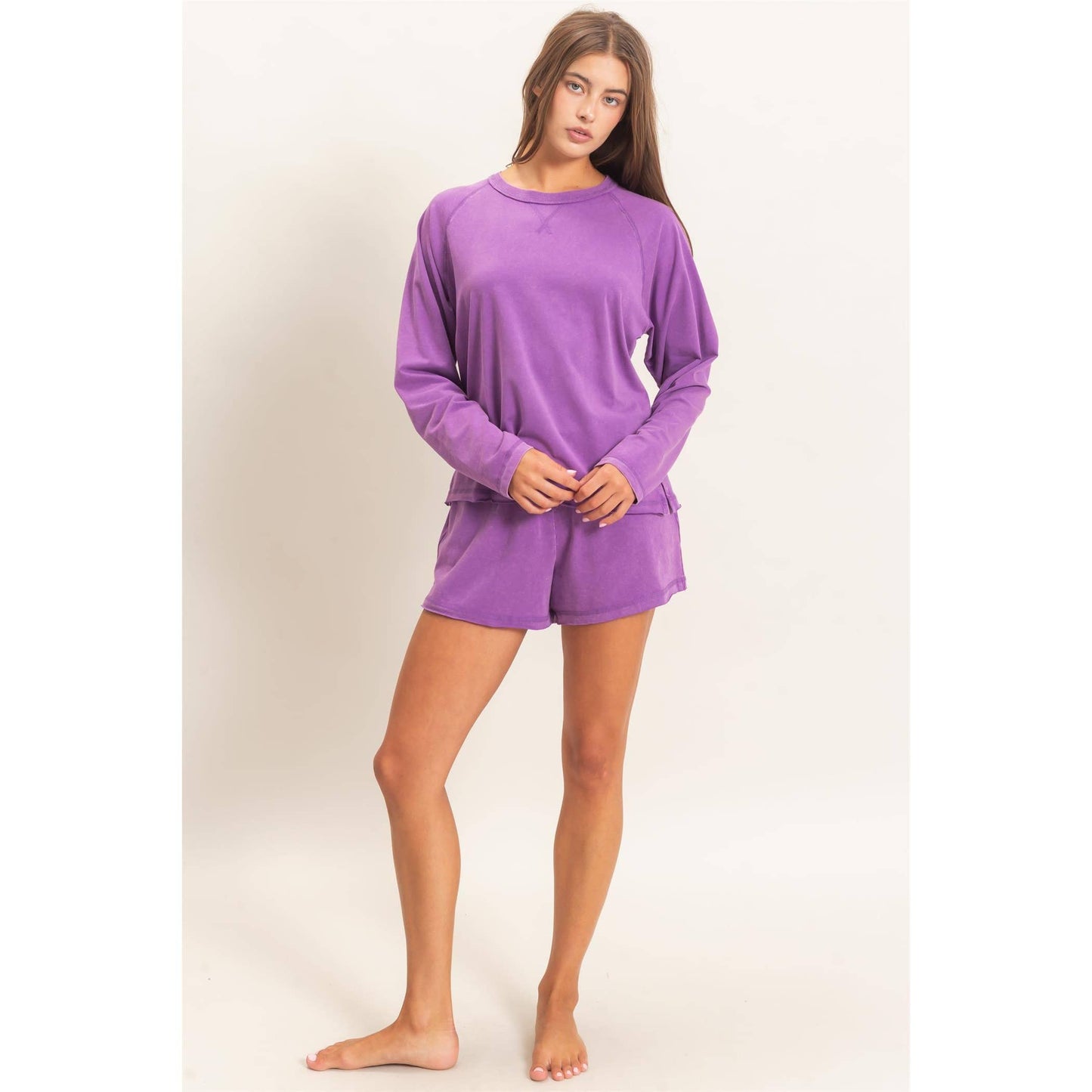 Double Zero Mineral Wash Long Sleeve Raw Edge Top & Shorts Set