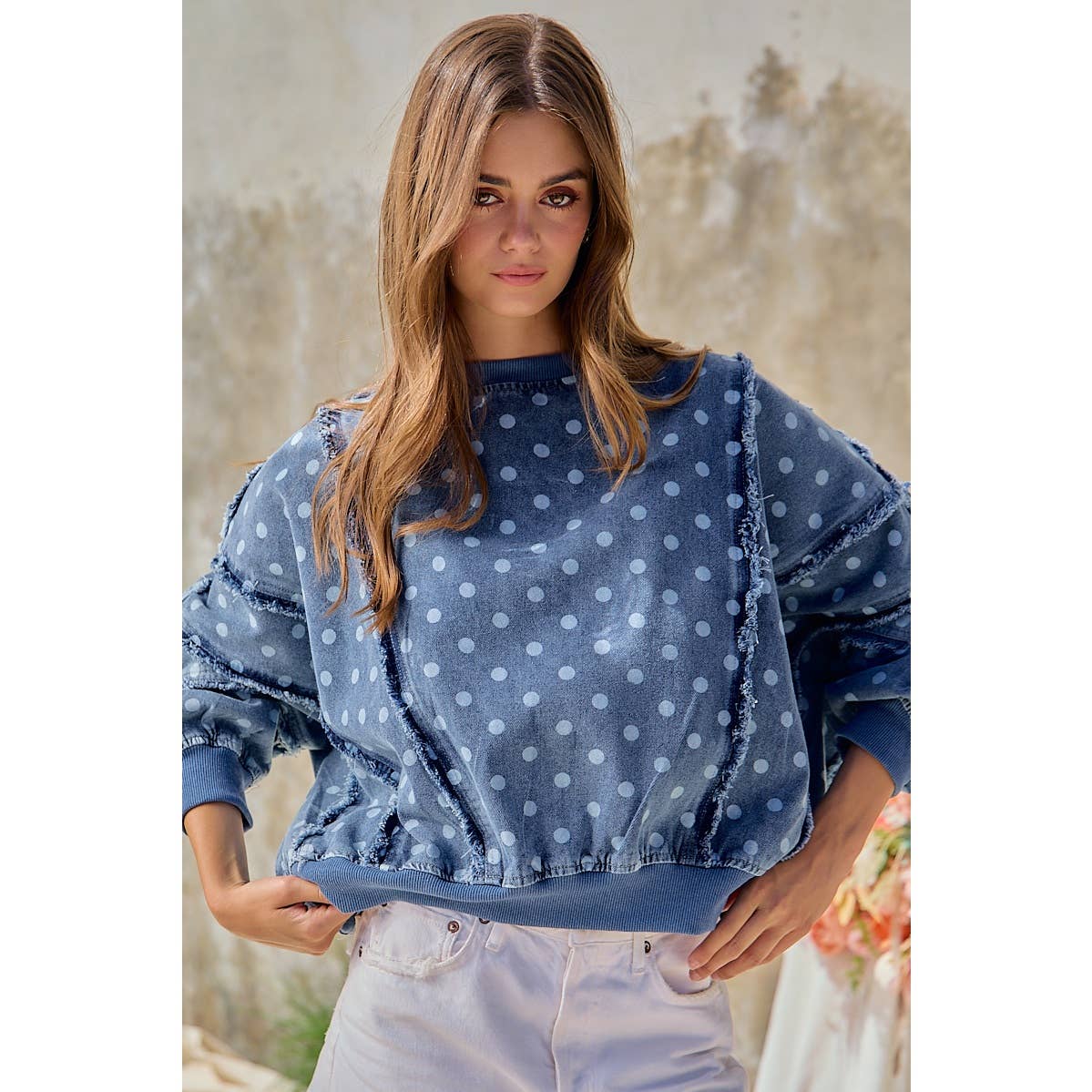 POLKA DOT PRINTED WASHED DENIM FRAYED EDGE DETAIL TOP