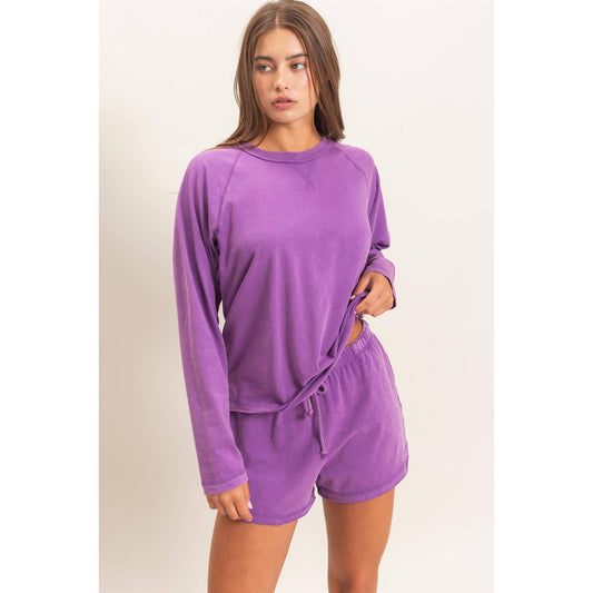 Double Zero Mineral Wash Long Sleeve Raw Edge Top & Shorts Set
