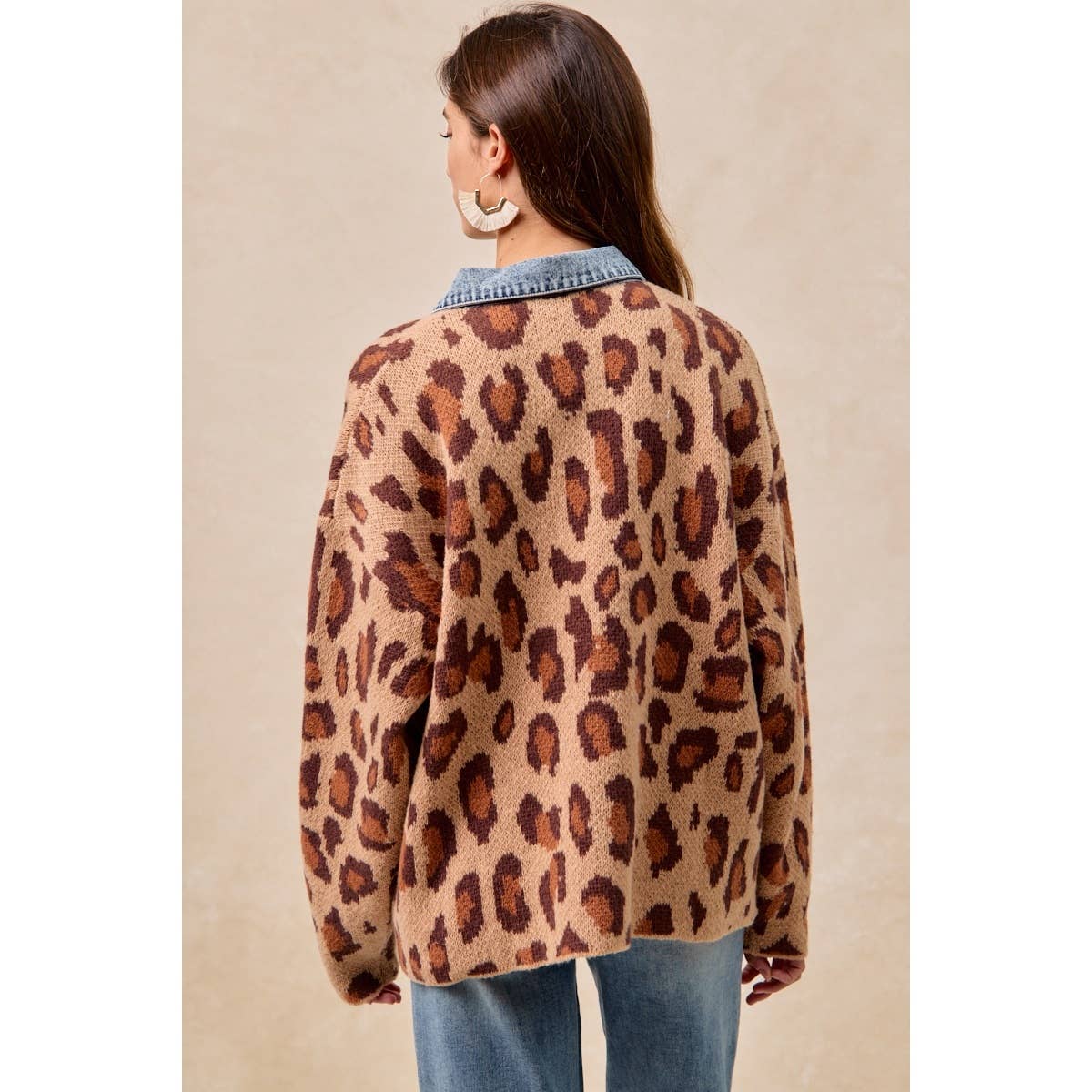 WASHED DENIM MIX AND MATCH LEOPARD SWEATER TOP