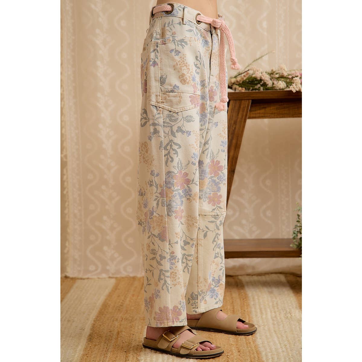 WOMEN VINTAGE WASHED FLORAL COTTON DRAWSTRING PANTS