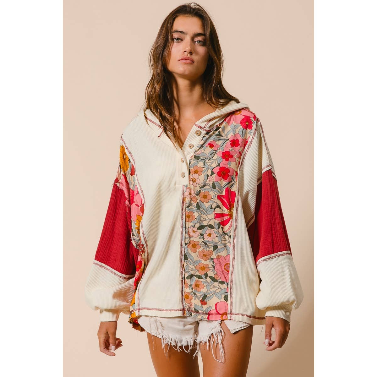KNIT AND PRINT MIXED HOODIE TOP