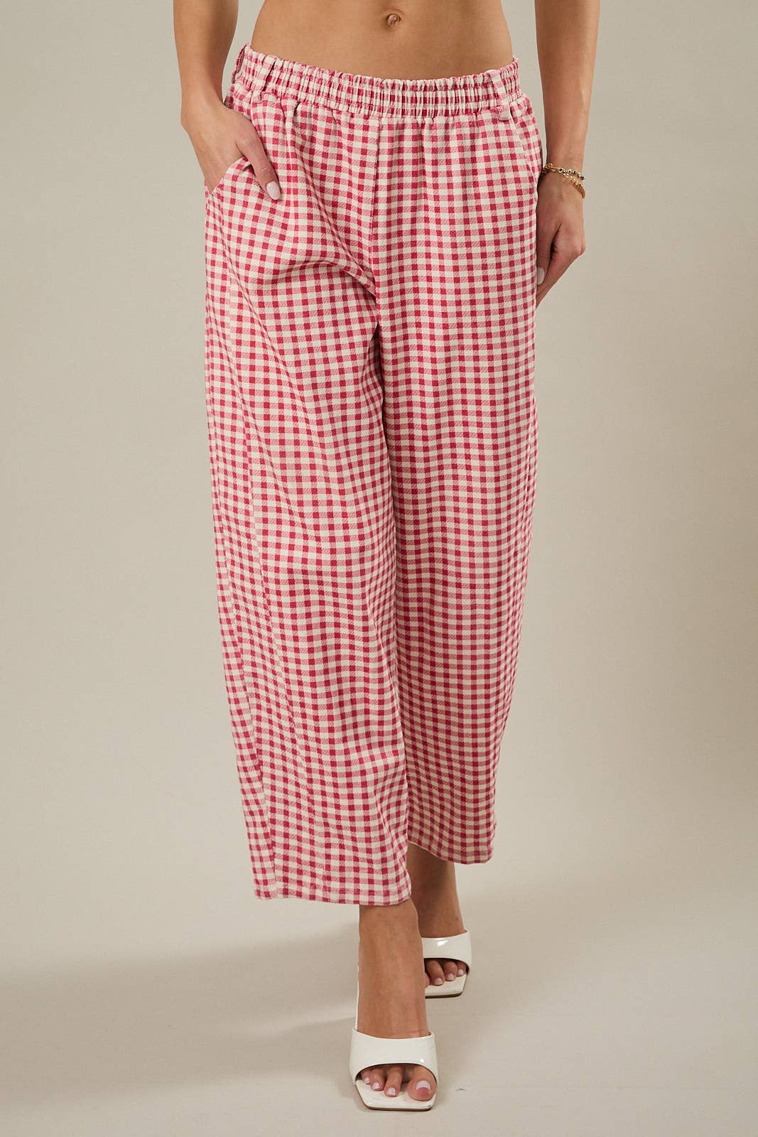ELASTIC WAIST BAND GINGHAM PRINTED BARREL FIT TWILL PANTS