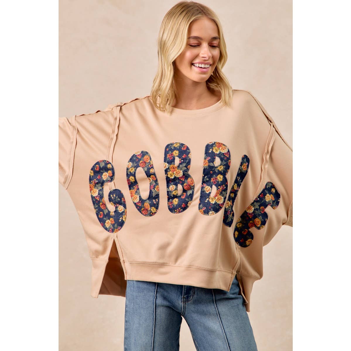 THANKSGIVING GOBBLE LETTER PATCHES SWEATSHIRT