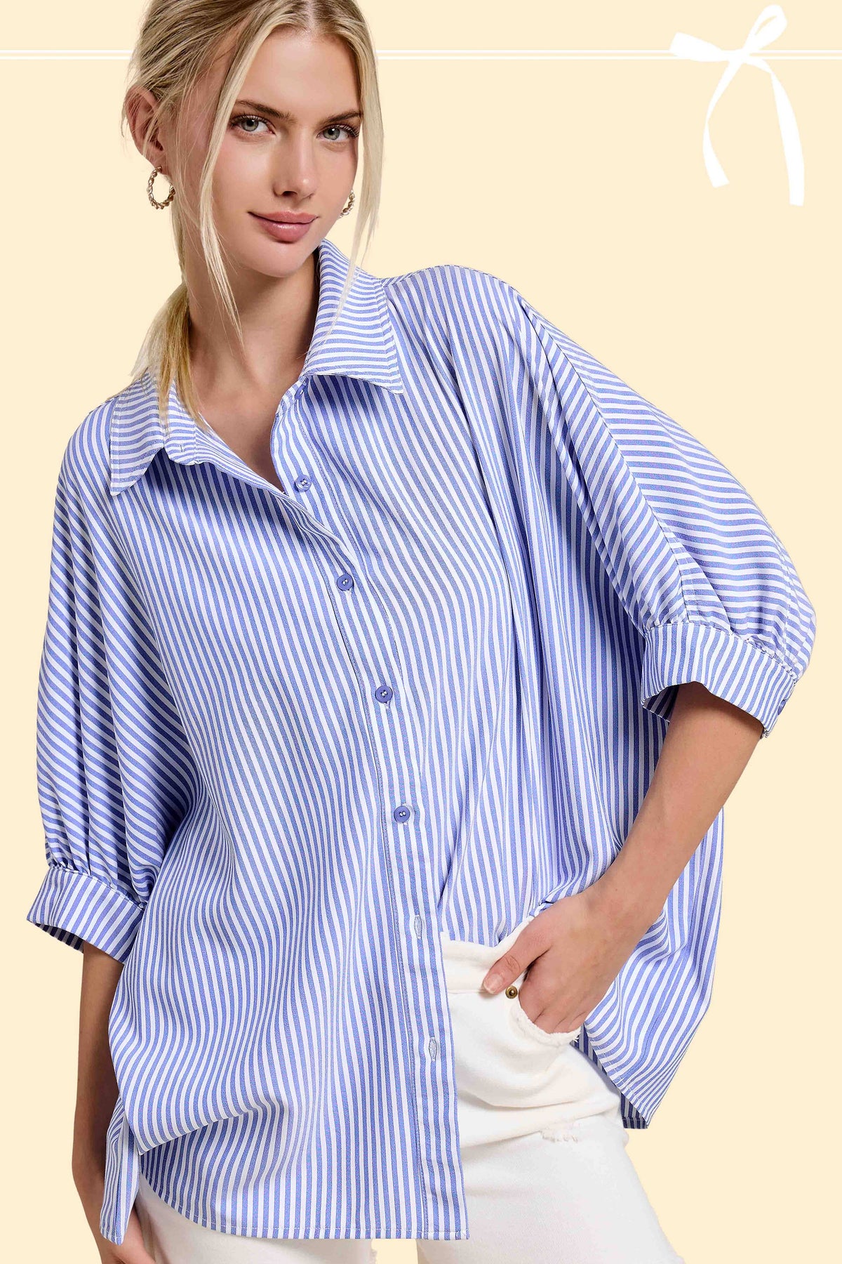 La Miel Relaxed Striped 3/4 Sleeve Button Down Shirt Fall