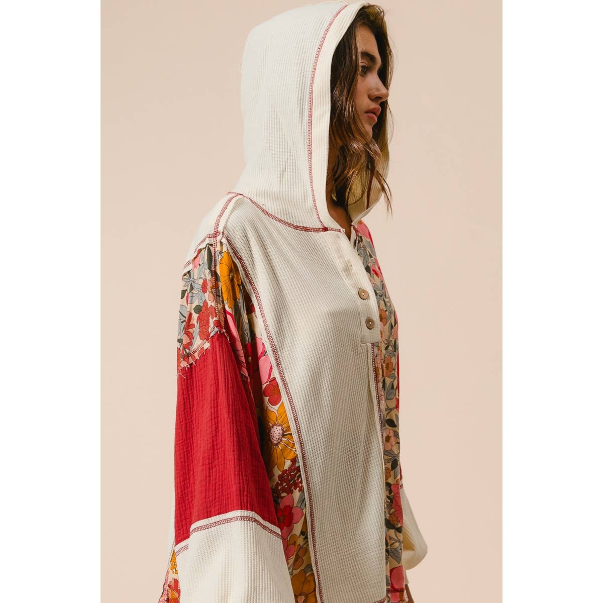KNIT AND PRINT MIXED HOODIE TOP