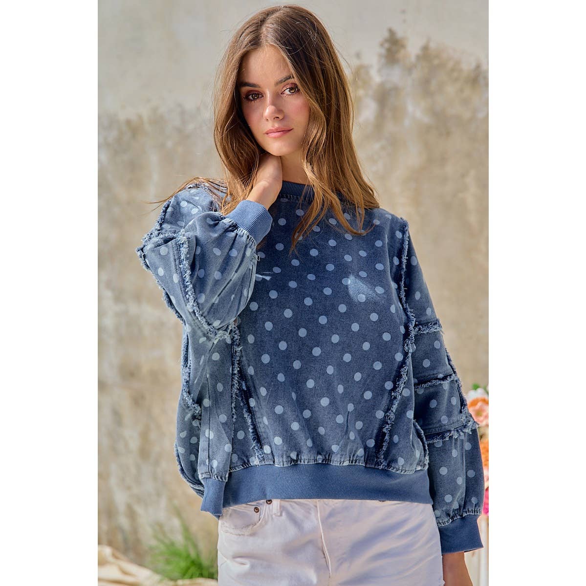 POLKA DOT PRINTED WASHED DENIM FRAYED EDGE DETAIL TOP