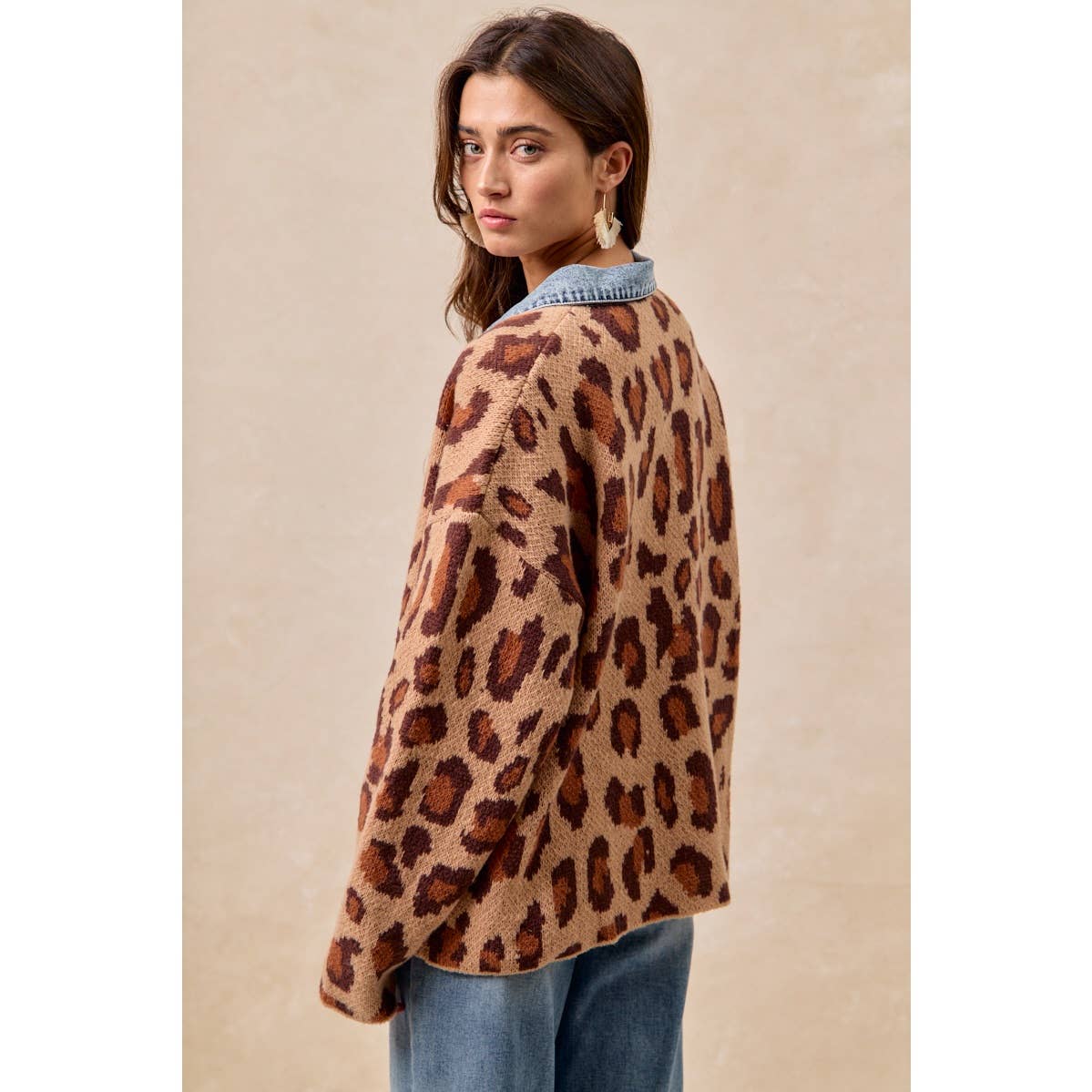 WASHED DENIM MIX AND MATCH LEOPARD SWEATER TOP