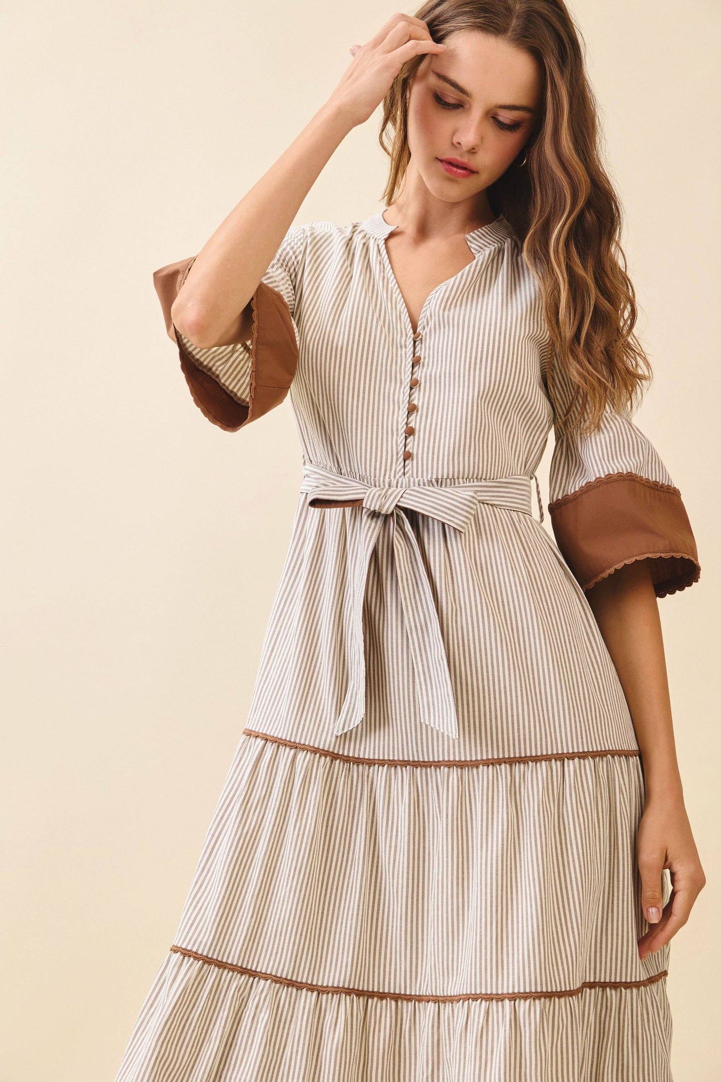 CD06192-Striped Split Neck Contrast Trim Detail Midi Dress