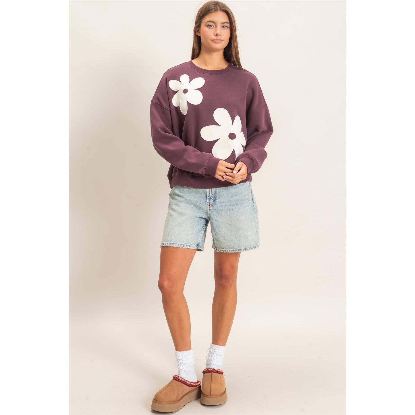 Double Zero Floral Applique Crew Neck Sweatshirt