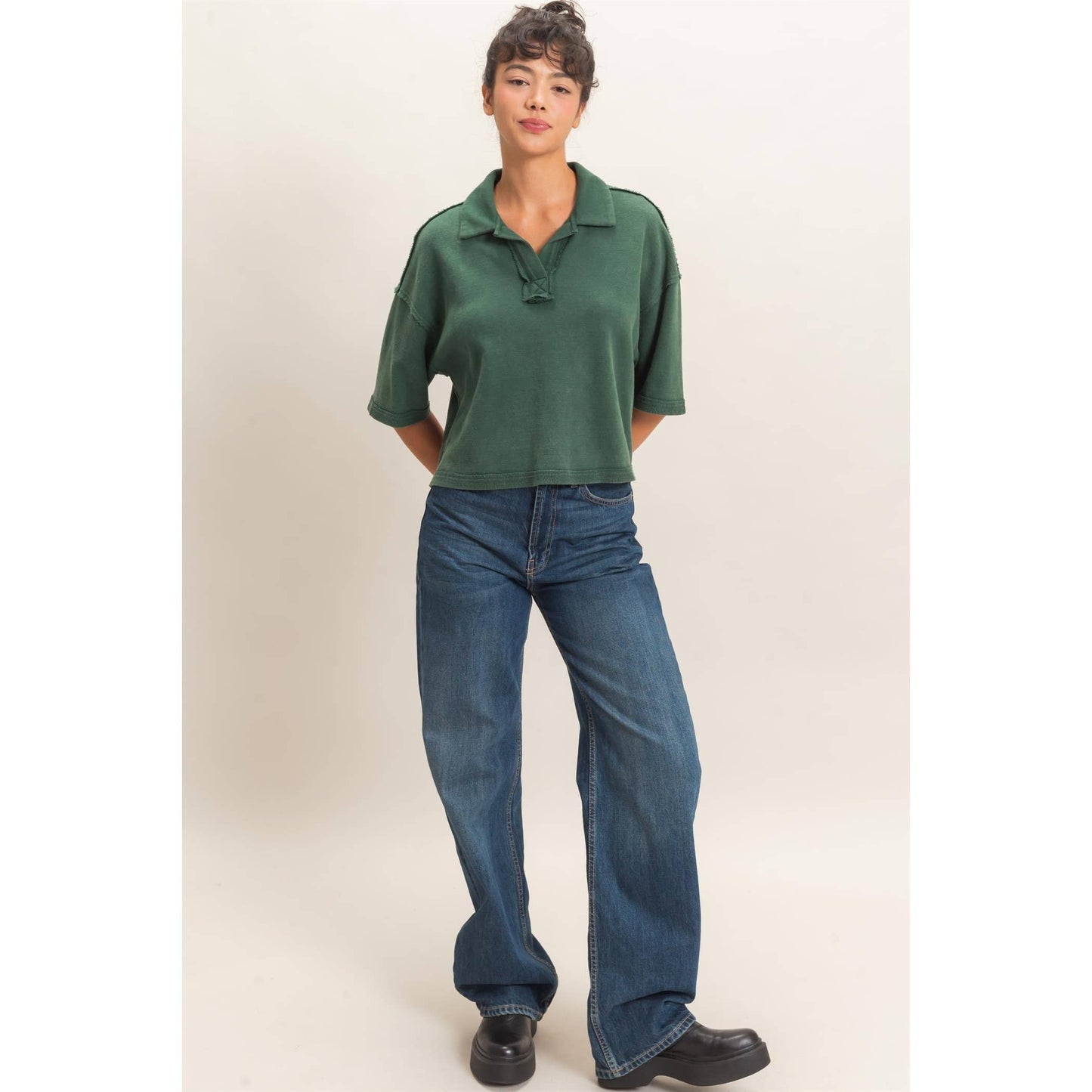 Double Zero Mineral Wash Oversized Collar Short Sleeve Top