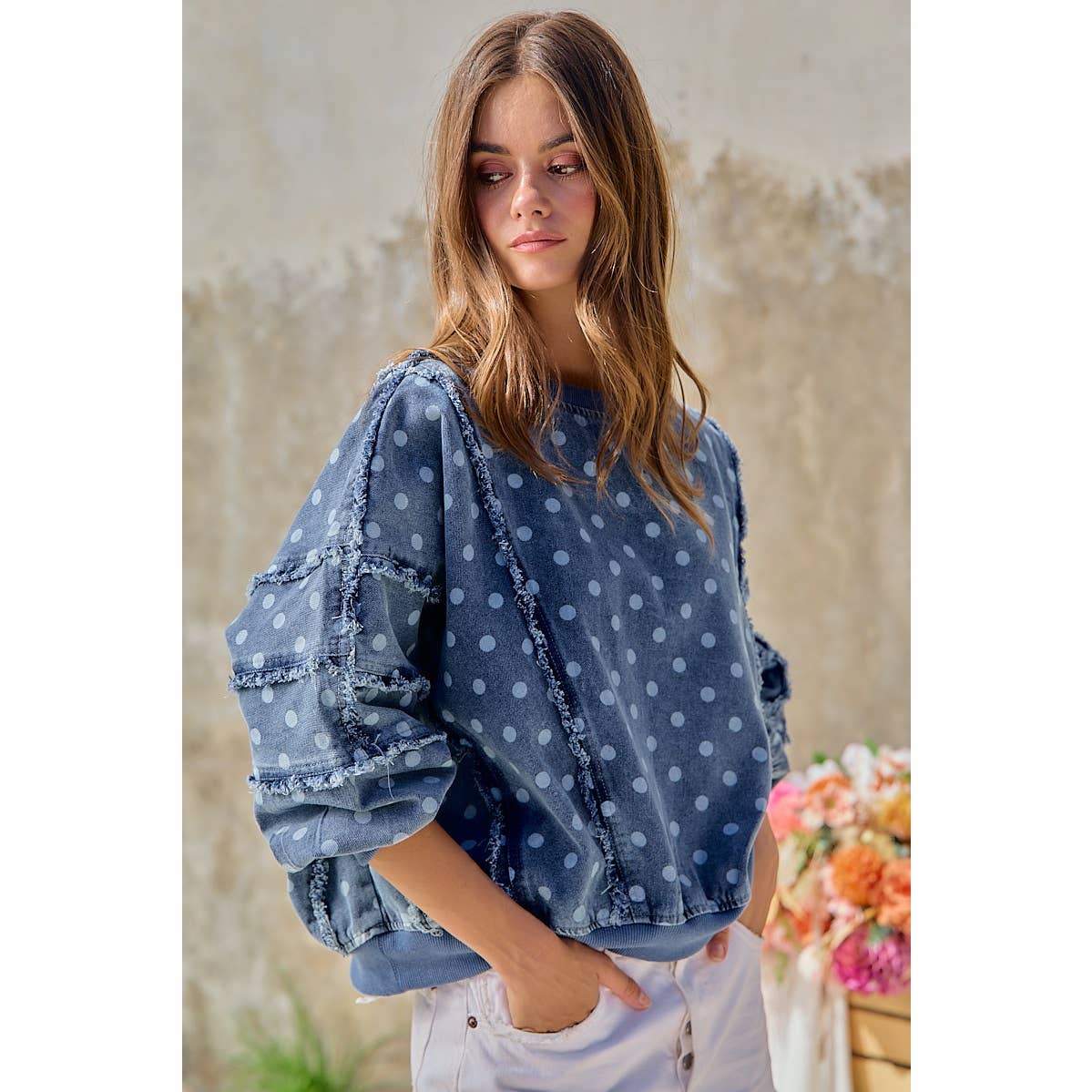 POLKA DOT PRINTED WASHED DENIM FRAYED EDGE DETAIL TOP