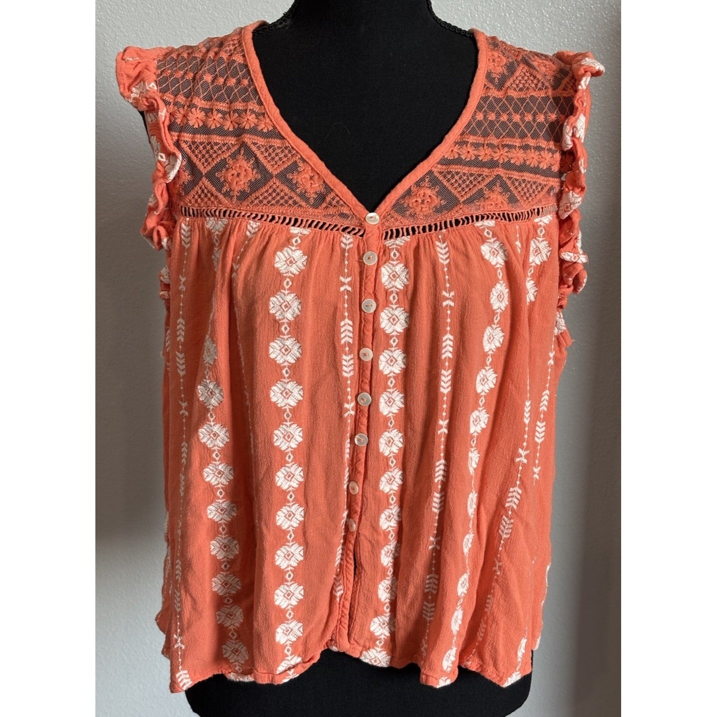 Miss Me Embroidered Cap Sleeve Coral Blouse Size Large