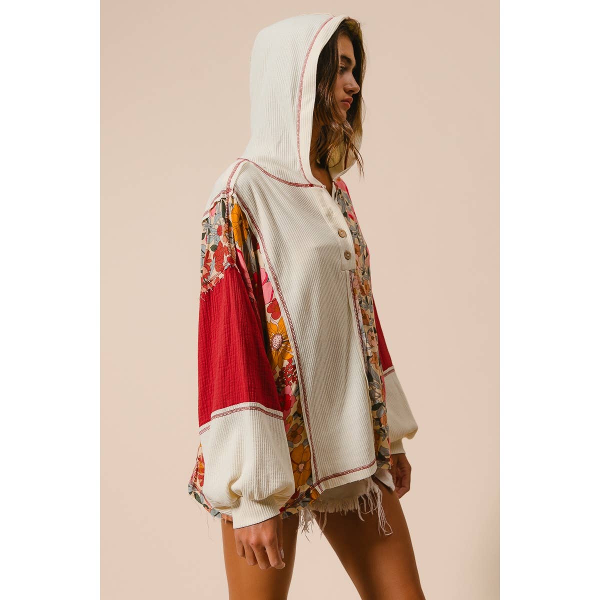 KNIT AND PRINT MIXED HOODIE TOP