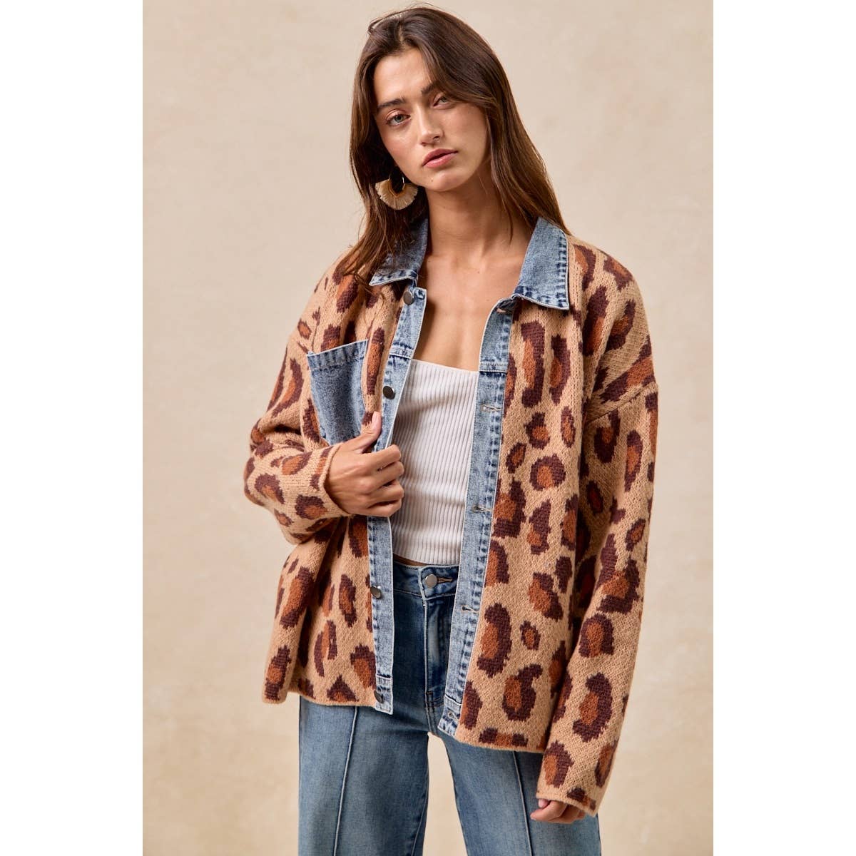 WASHED DENIM MIX AND MATCH LEOPARD SWEATER TOP